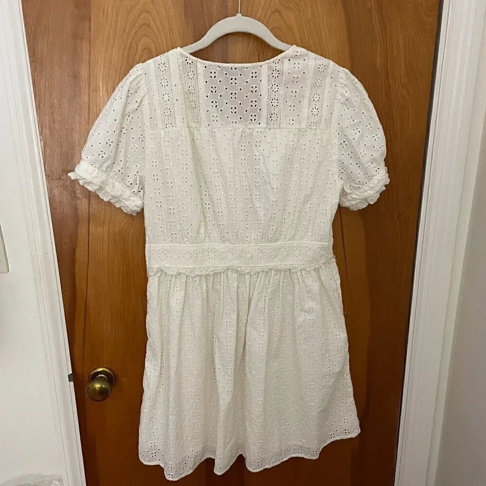 J. Crew Ivory Eyelet Mini Dress Button Front Short Sleeve Casual Summer Size 10